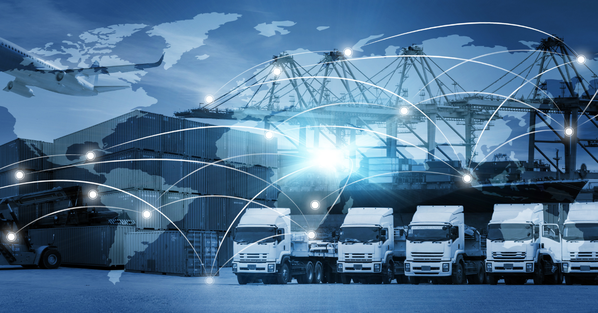 EDI Supply Chain Management mit Flugzeug, LKW und Lagerhalle