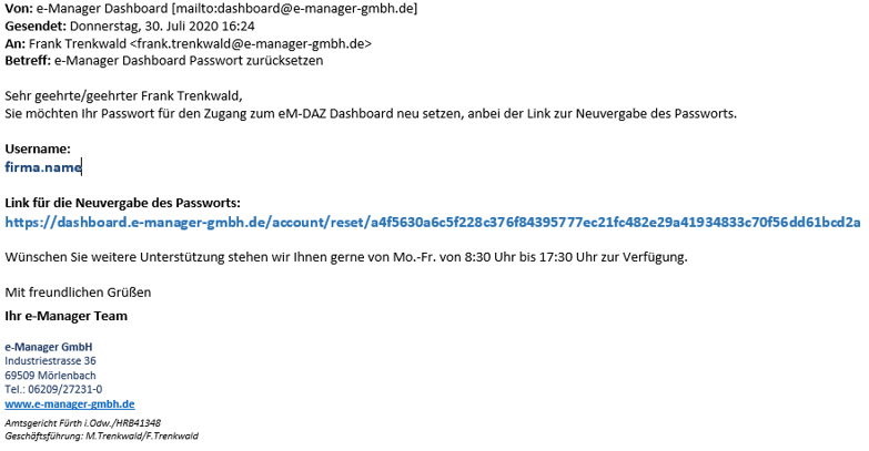Screenshot Bestätigungsmail und Aufforderung zur Passwort Vergabe nach DAZ Login 